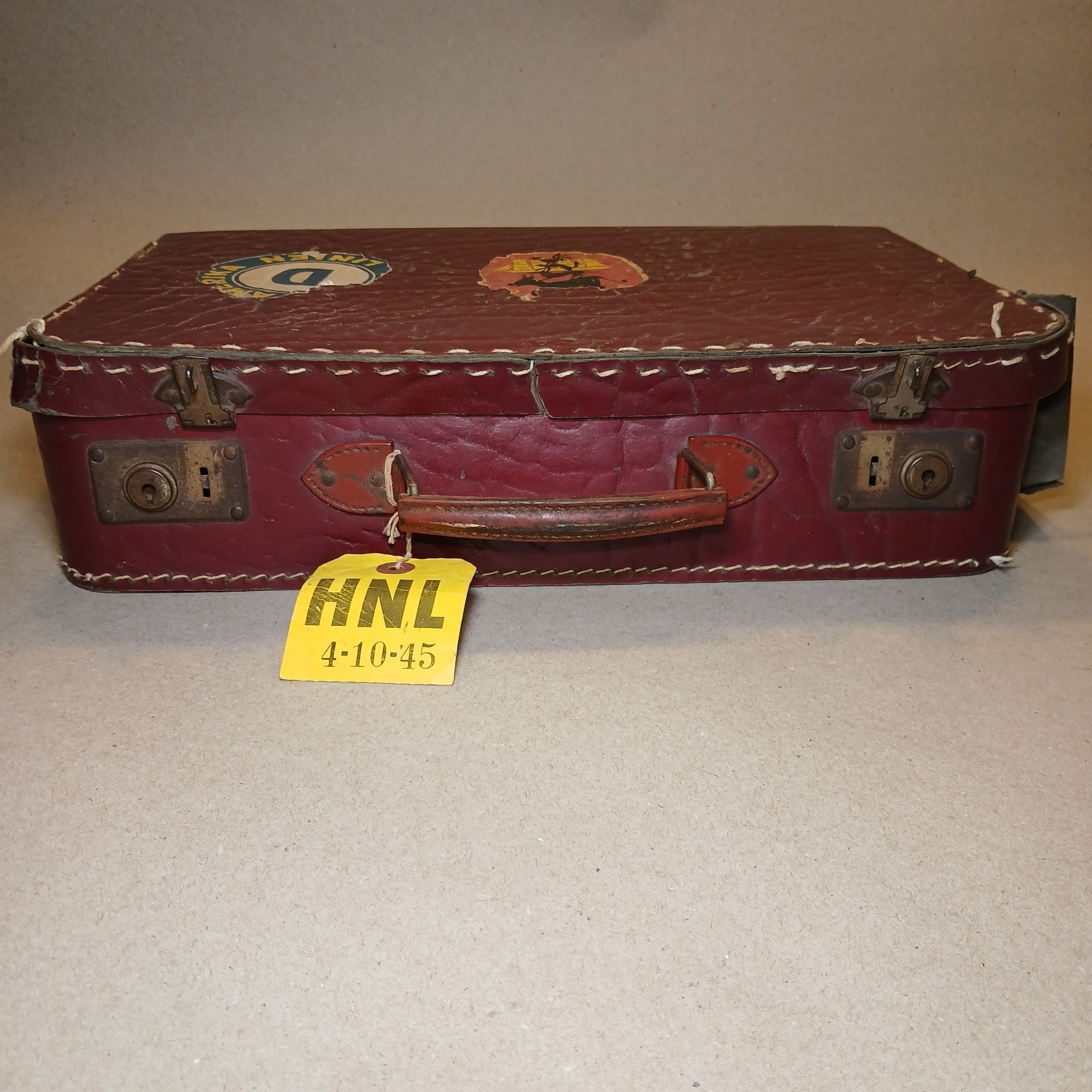 Vintage 1945 Airline Suitcase w/ Travel Stickers Burbank to Honolulu WWII HNL