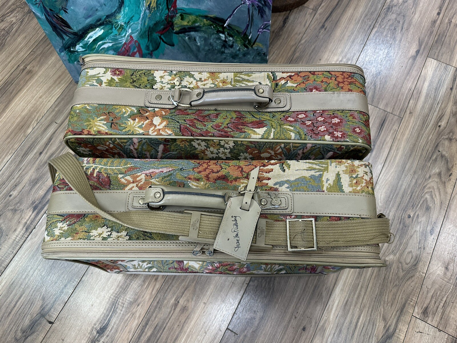 Set 2 Vintage 80s Diane Von Furstenberg Tapestry Floral Suitcases Bags