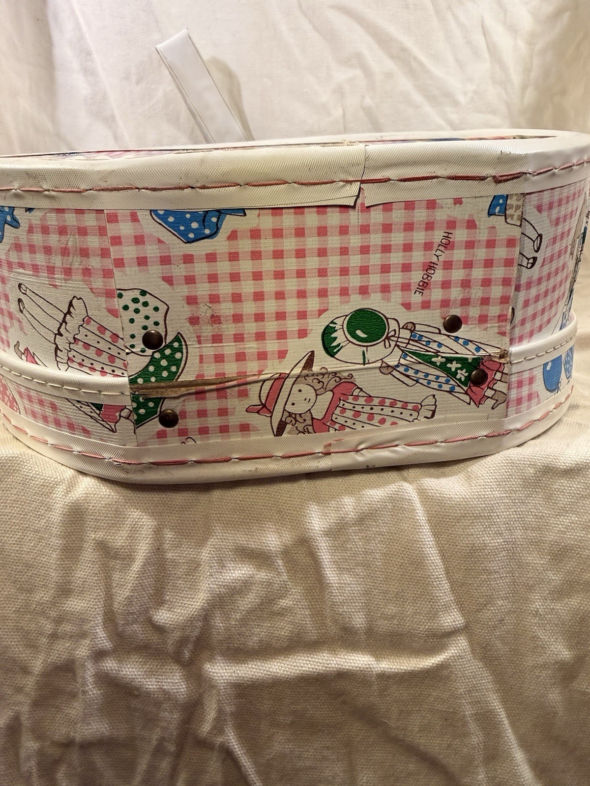 Vintage 1970s Holly Hobbie Round Carrying Case Hat Box Pink Gingham Miner Ind