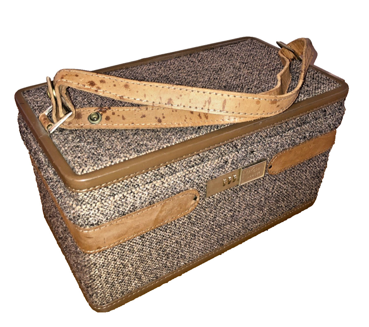 vintage Hartmann brown tweed & leather train / makeup case mirror ,toile fabric