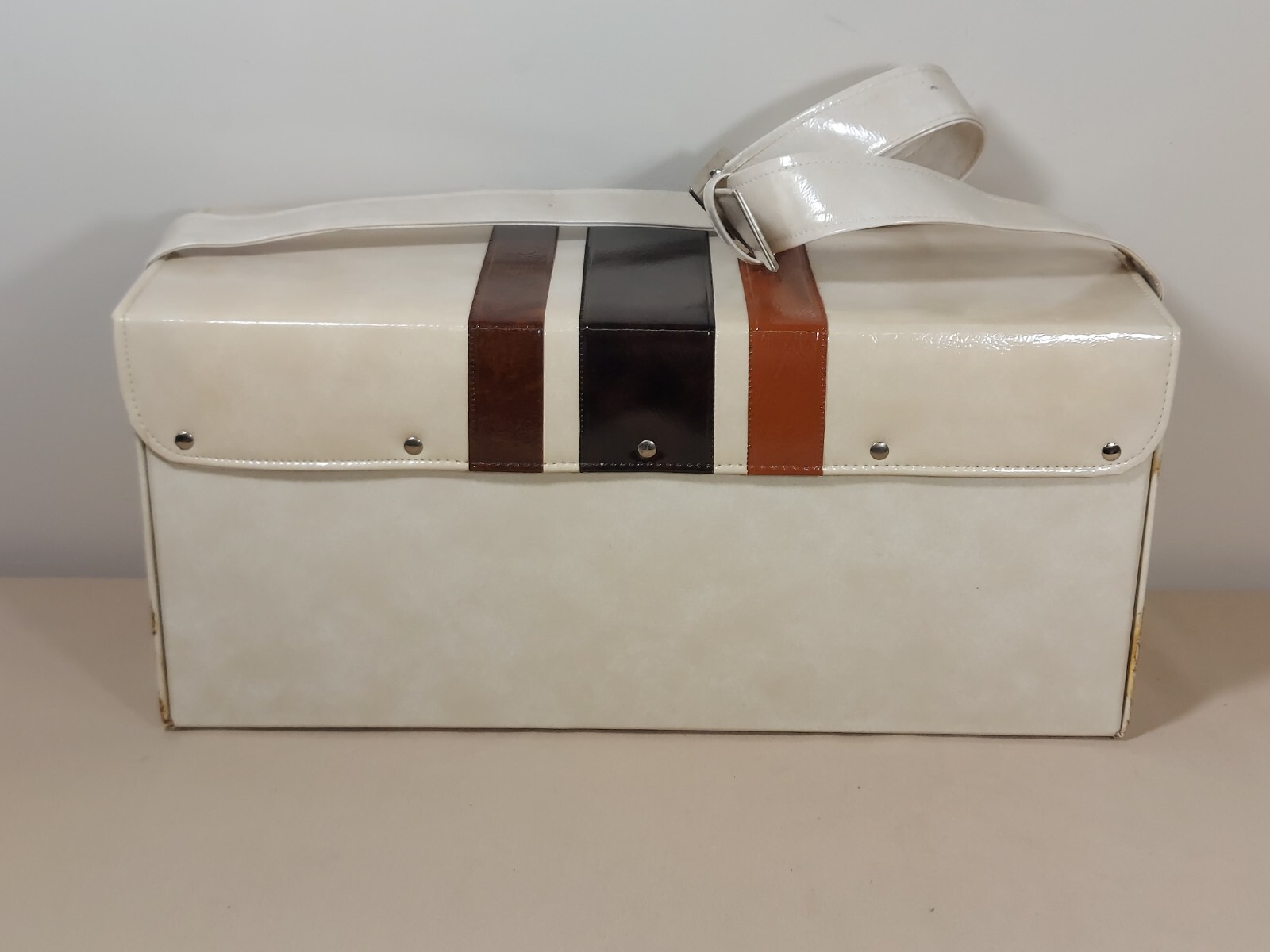NewVTG Pierre Cardin Retro Cream Brown Stripe Train Case Travel Carry On Luggage