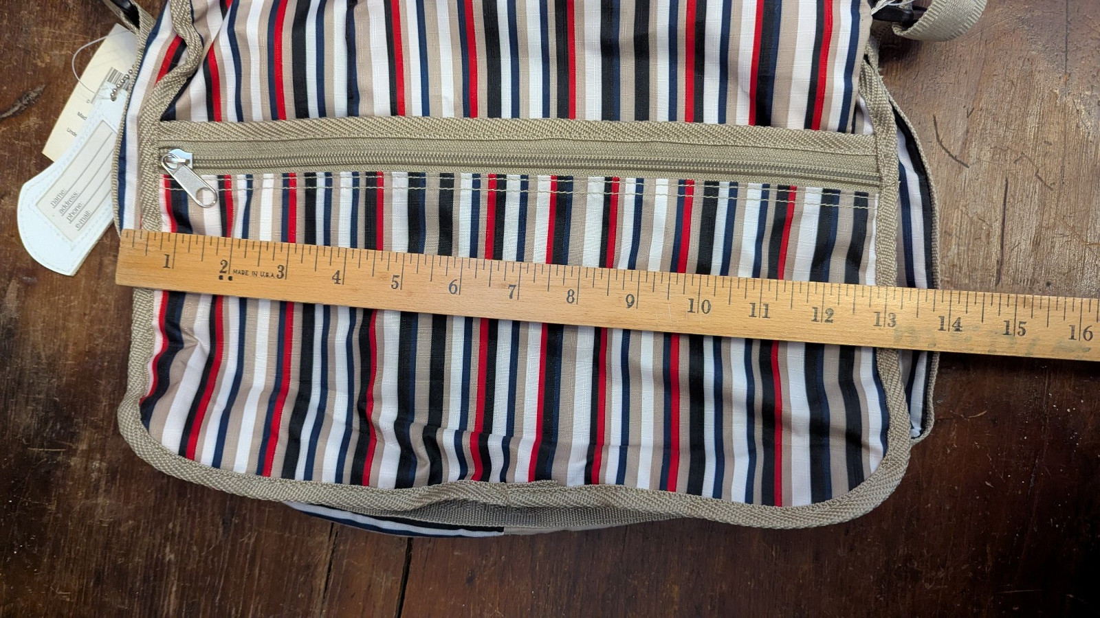 American Tourister 2 Pc Striped Travel Bag Purse, Matching Makeup Purse Name Tag