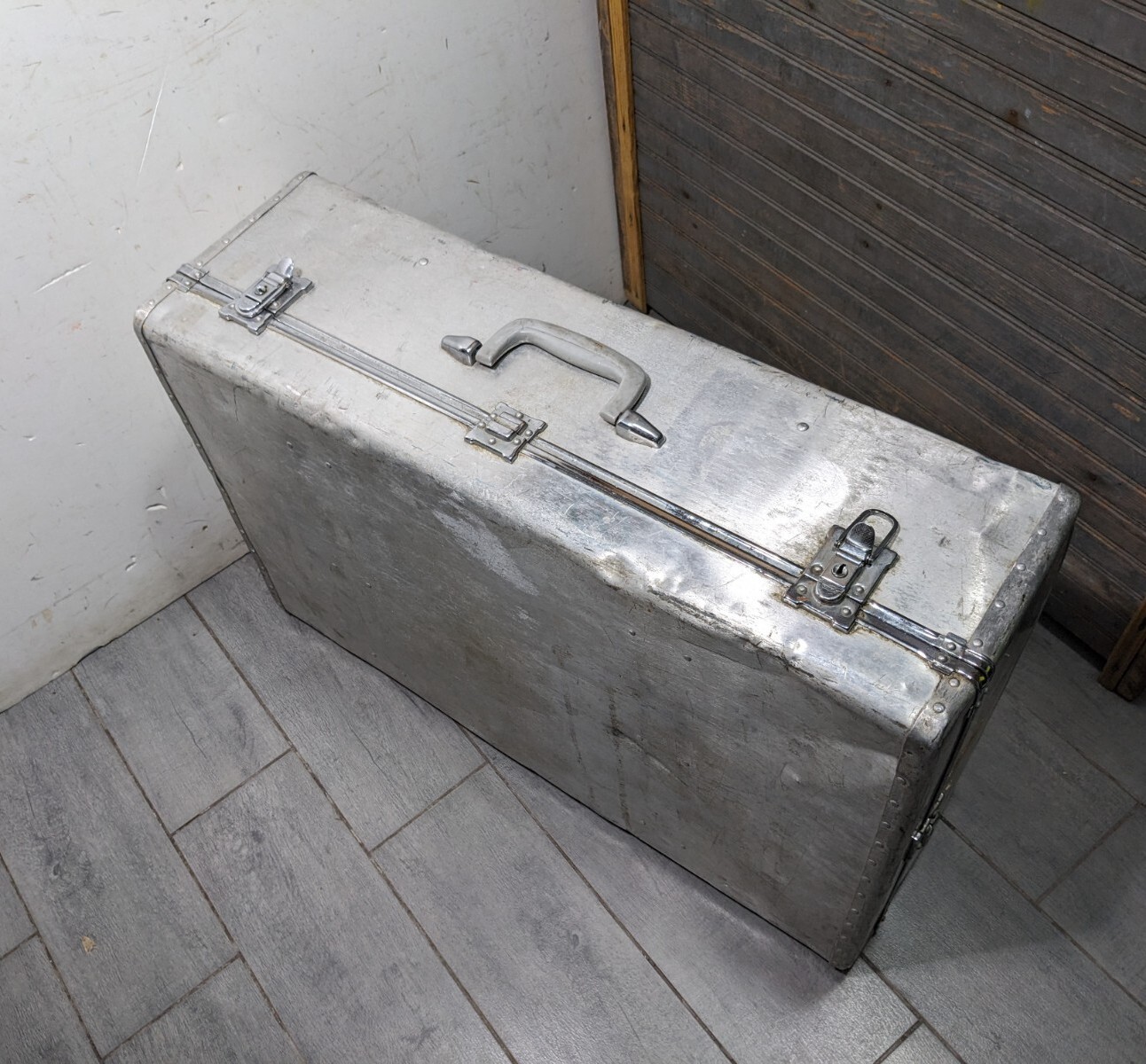 Vintage Machine Age Industrial Riveted Aluminum Travel Suitcase Trunk Steampunk