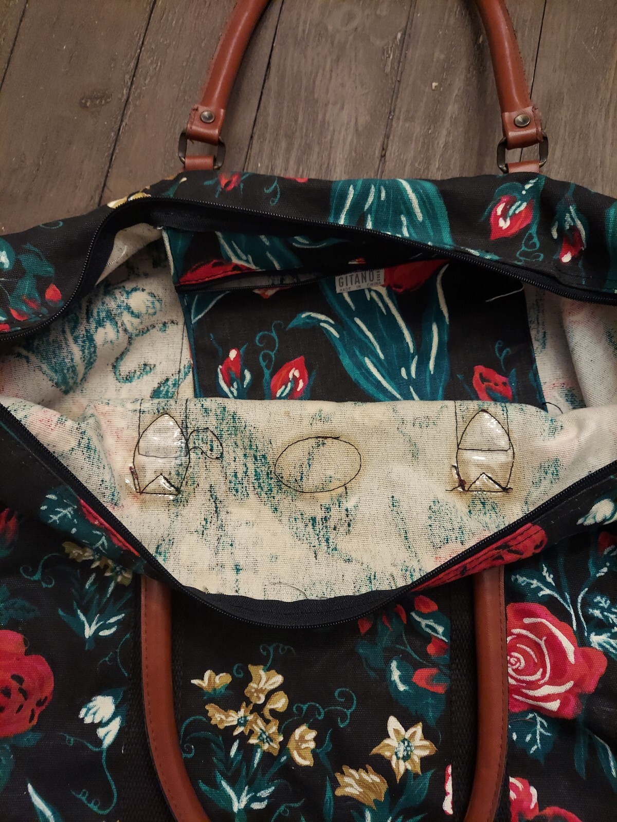 Vintage Gitano Floral Tapestry Weekender Duffle Bag With Leather Straps 90’s