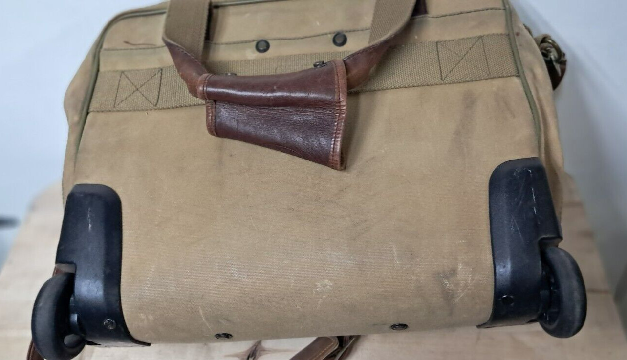 vintage Bob Timberlake garment bag leather and canvas w/ wheels retractable hand
