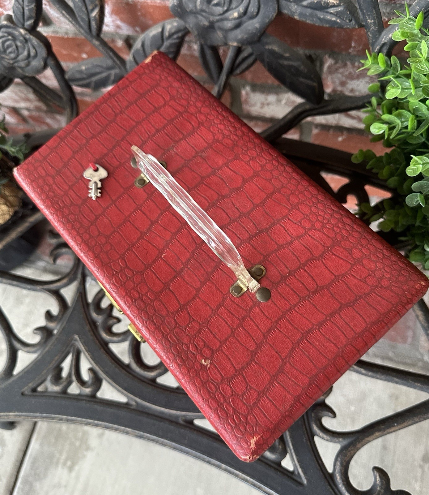 Vintage Alligator Embossed Train Case; Cranberry Red/Tan Int & Mirror; Locks/Key