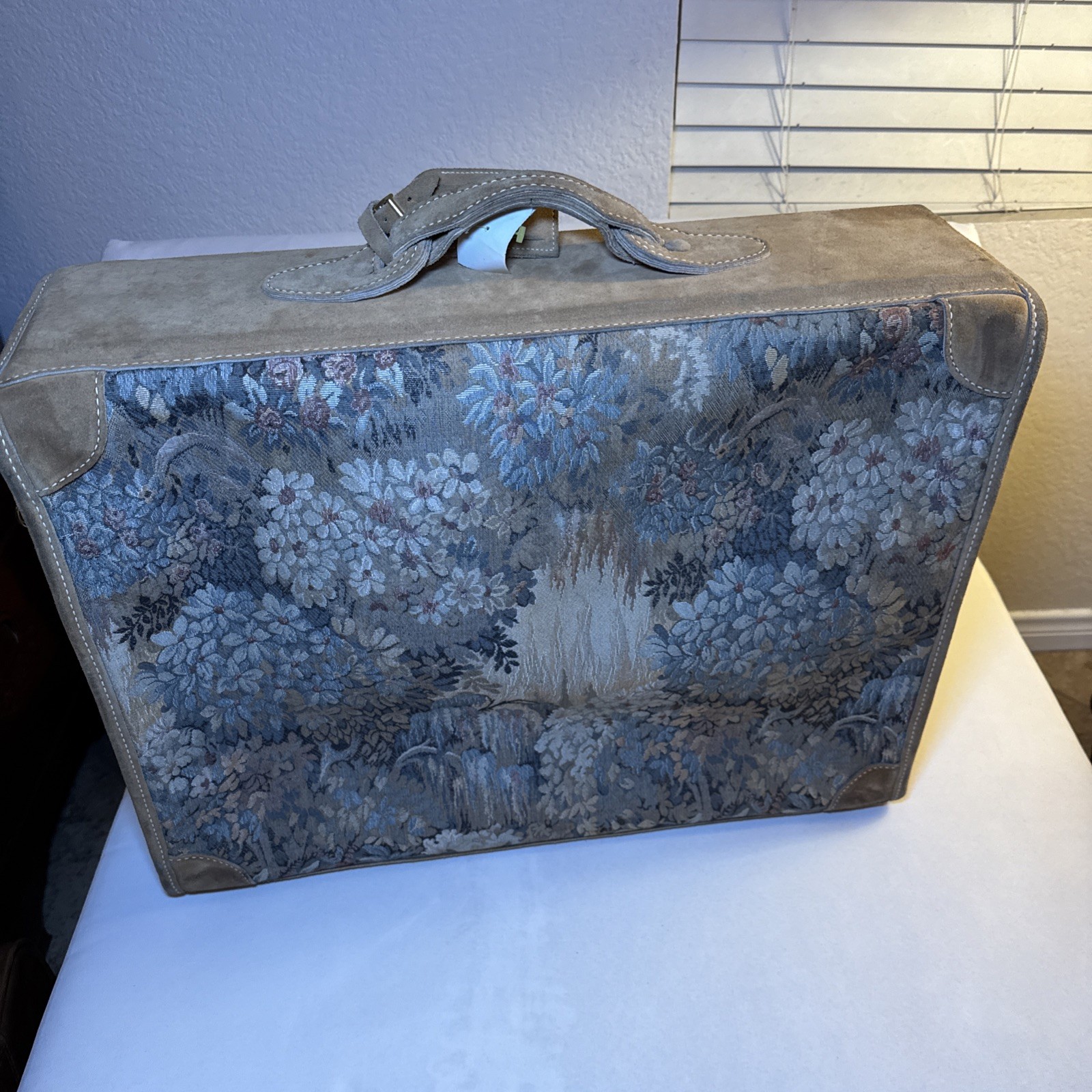 Vintage French Luggage Company Paradise Suede Tapestry suitcase Made in USA