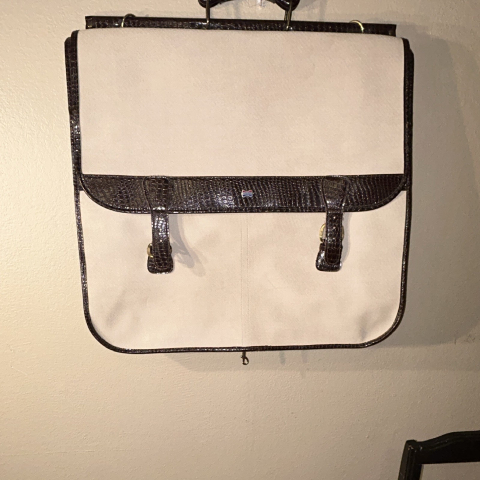 Beige & Brown Zip Garment Bag w/ Brown Trim, Hanger Hook, Handle, Strap