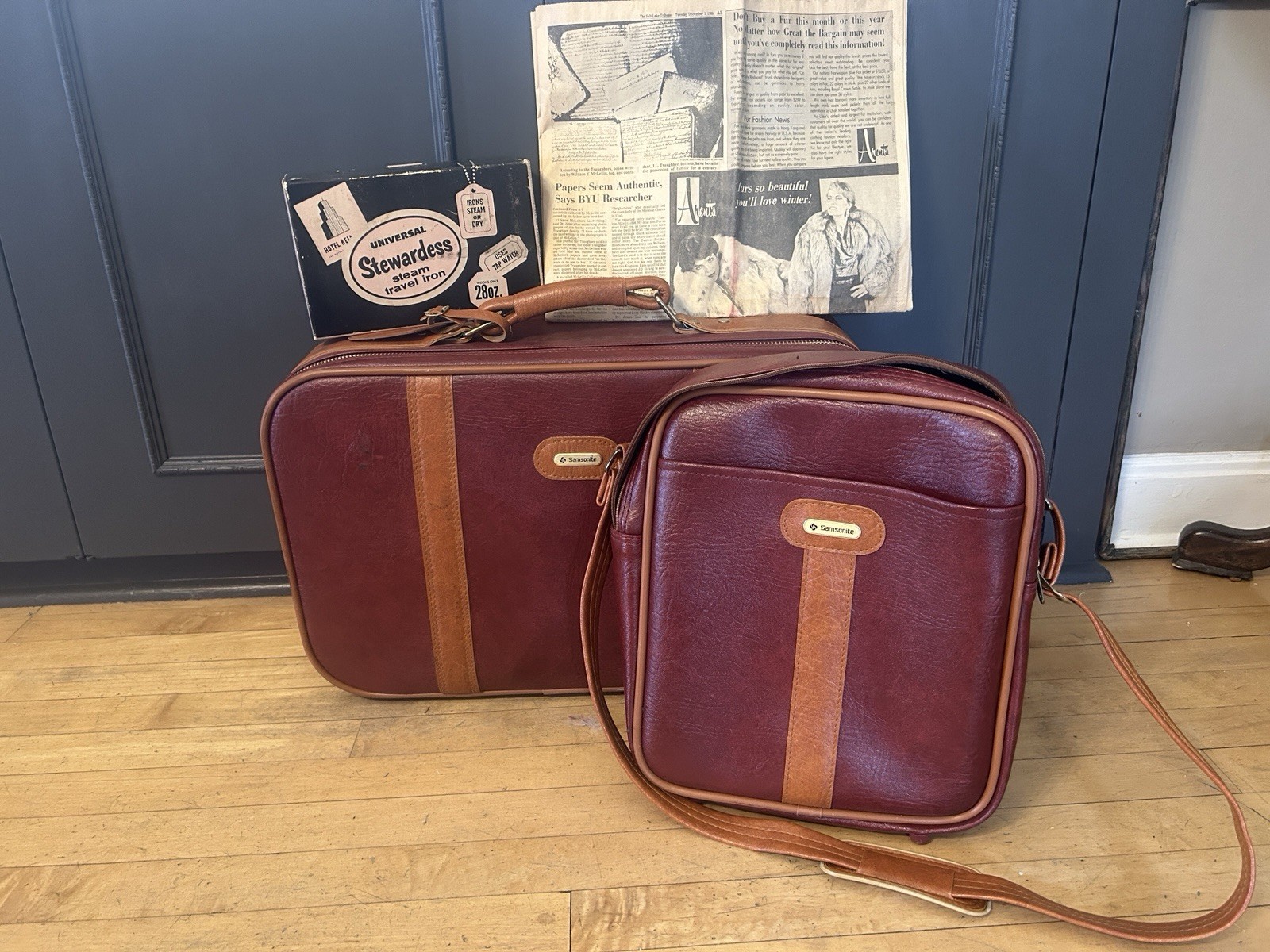 Samsonite Vintage Leather Brown Luggage Set w/ Stewardess Steam Travel Iron