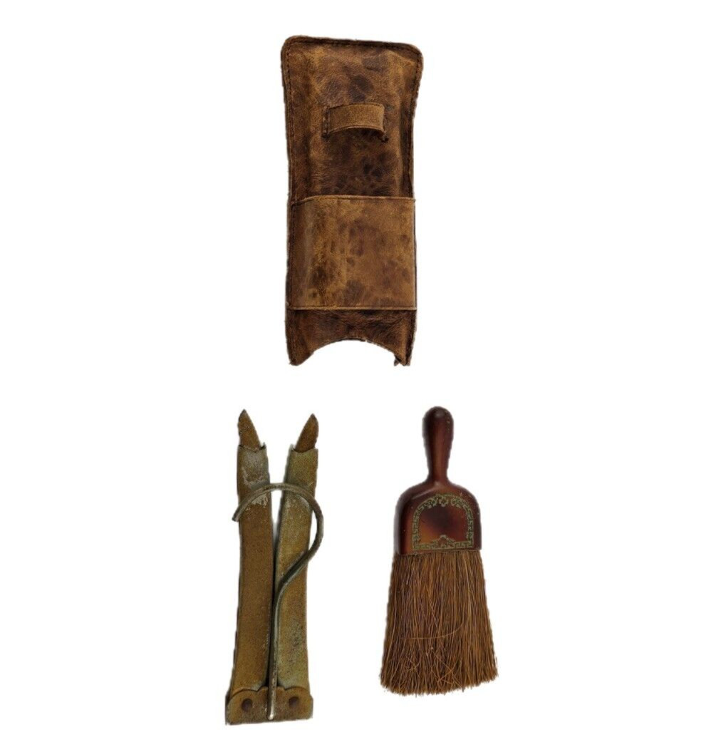Vintage Mens Travel Kit Handheld Horsehair Brush Folding Hanger Leather Cover