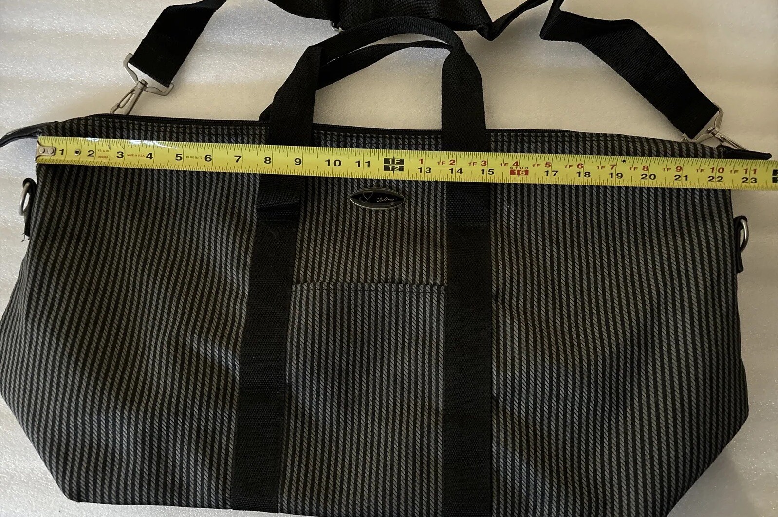 Vintage Overnight Weekender Bag, Black Gray Striped With Adjustable Strap