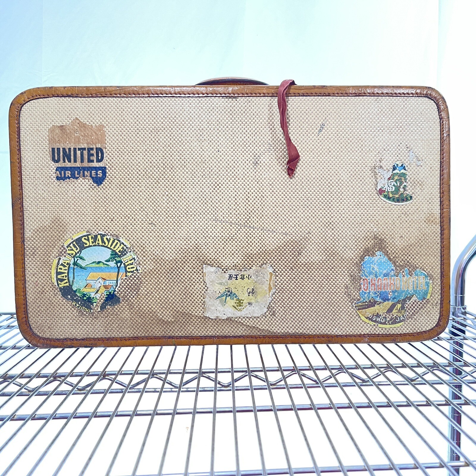 Antique Luggage Suitcase With Travel Stickers 24 X 14 Large Case Decor Storage