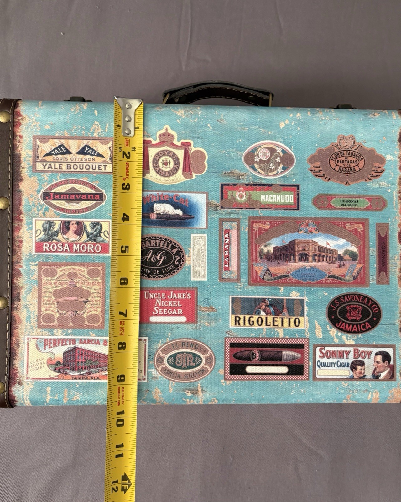 Vintage Look Suitcase with Travel Stickers Rustic Decor W/leather Studded Straps