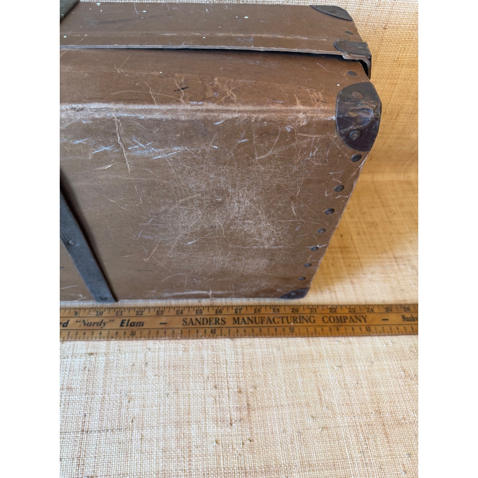 Vintage Fiberboard Shipping Trunk Mailing Case Metal Corners Canvas Strap Brown