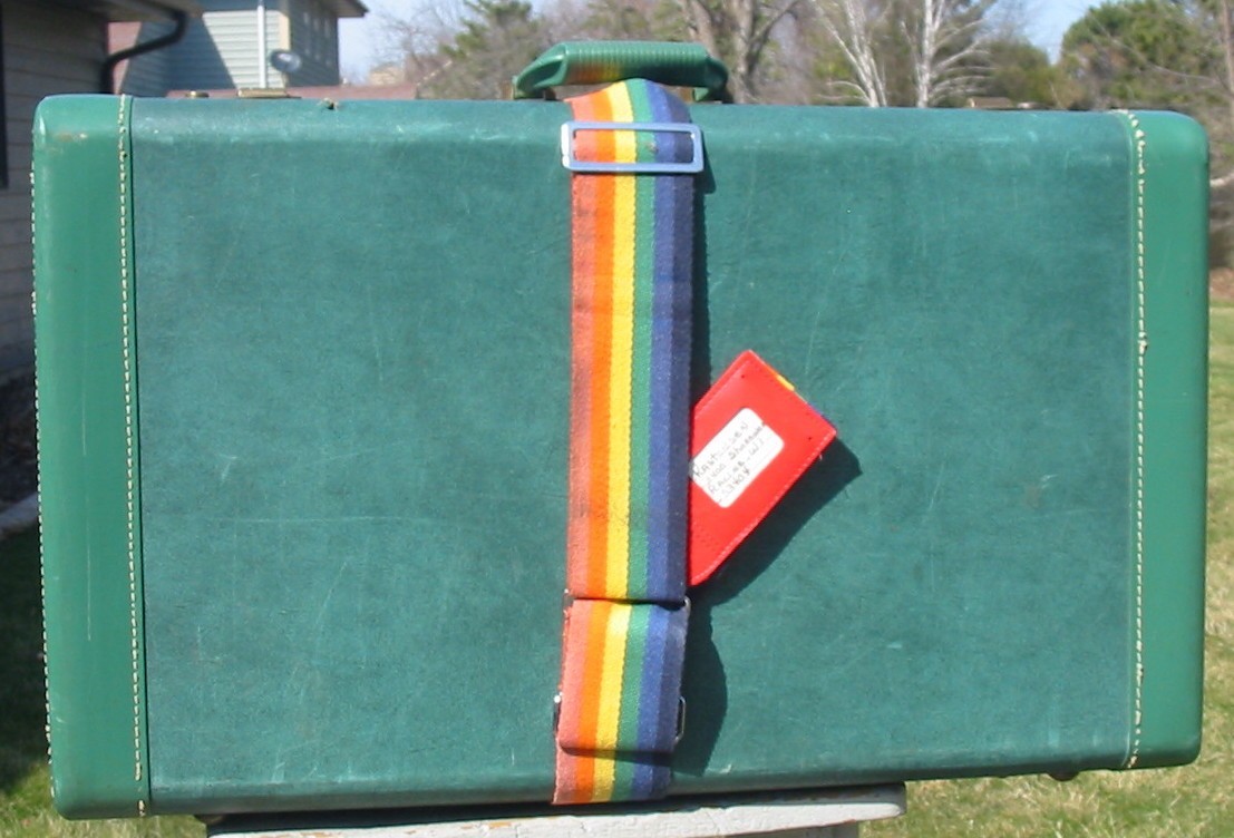 Vintage Wood Hard Shell Suitcase Crown Luggage Trunk XL Green Rainbow ID Strap