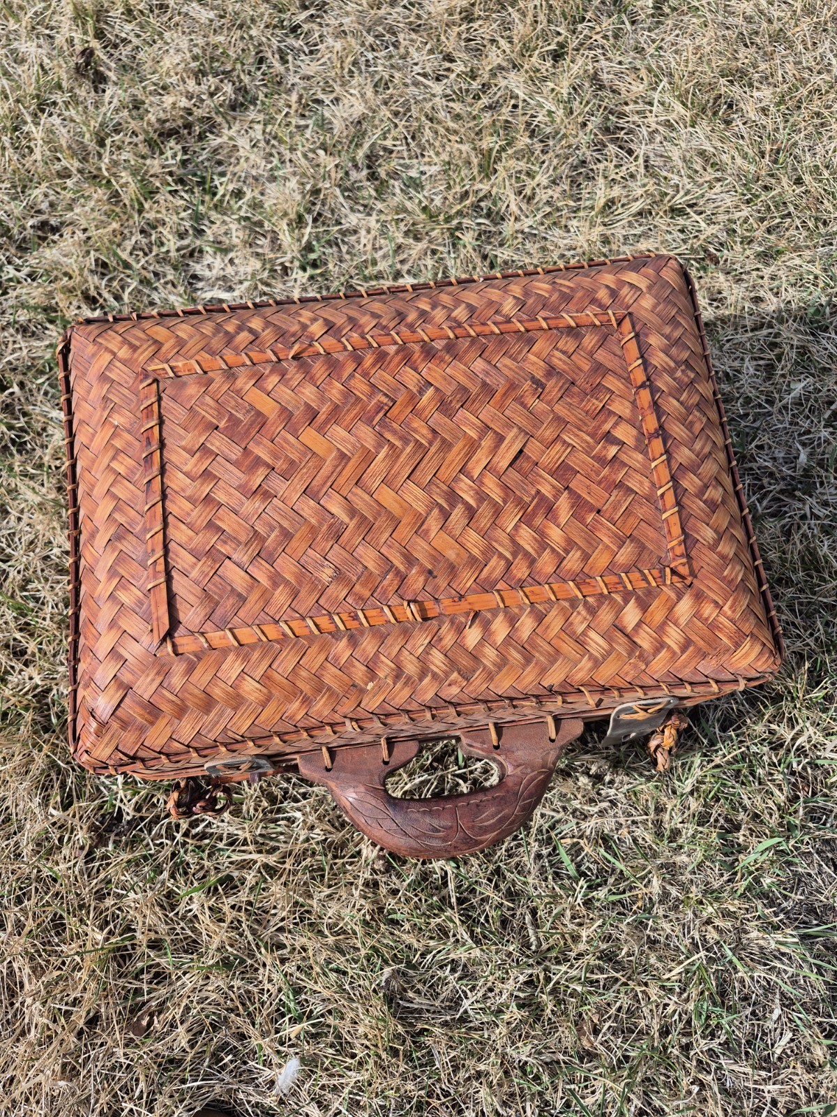 Vintage Asian Wicker Woven Rattan Suit Case With Wood Handle & Leather Latches
