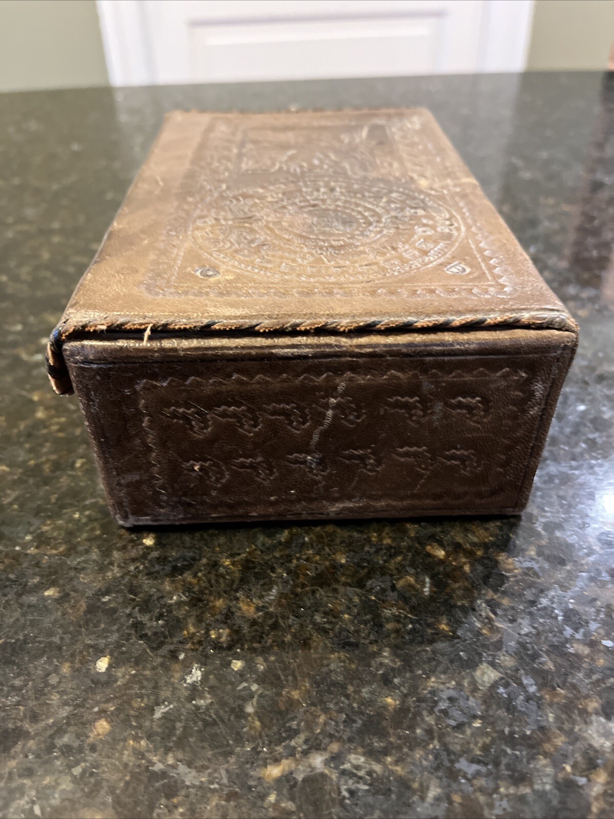 Artmex Vintage Brown Leather Aztec Jewelry Box with snap 8″ long x 5″ wide x 3″