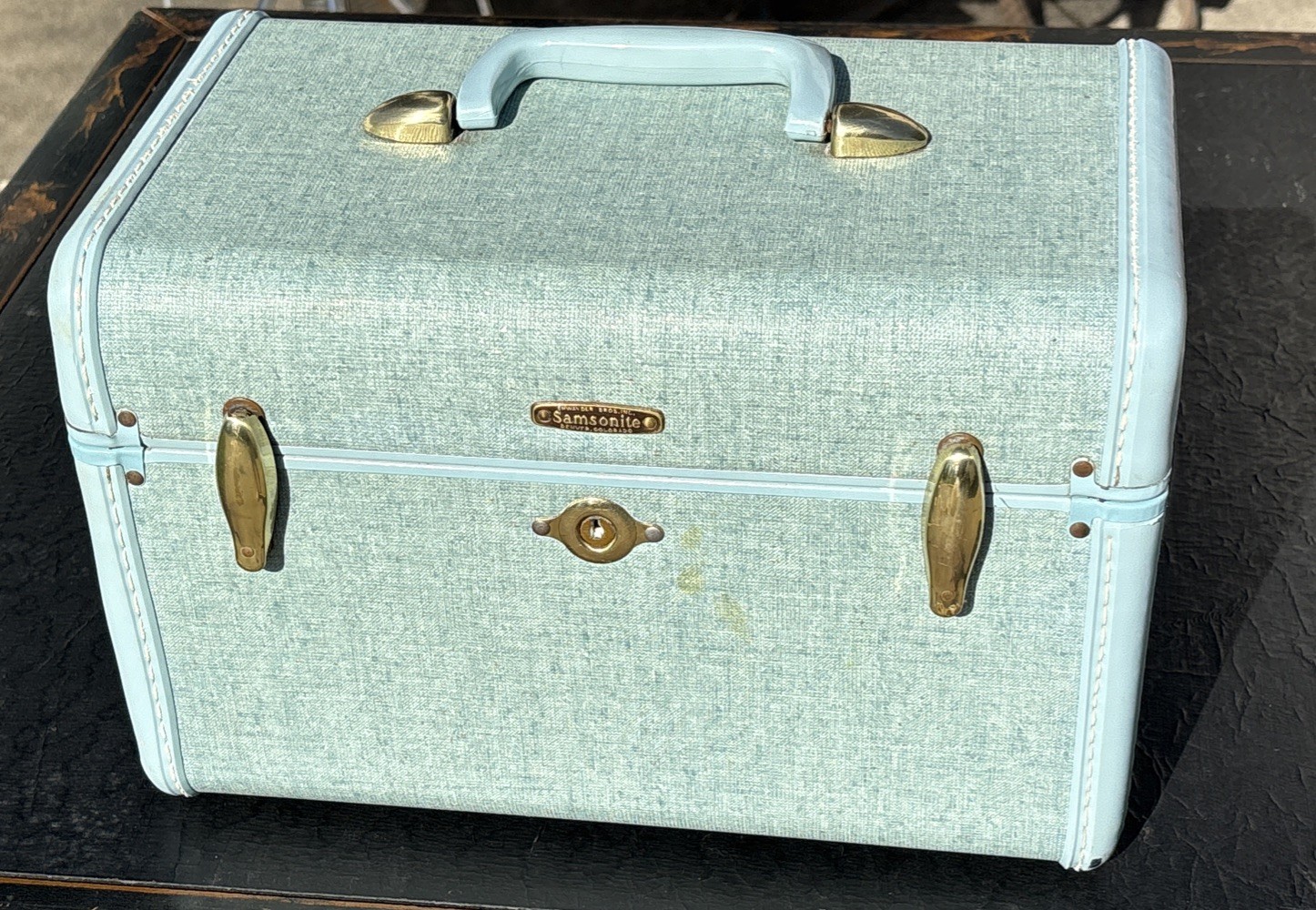 1950s Samsonite Luggage Suitcases Marbled Blue 4 piece wOriginal Bakelite
