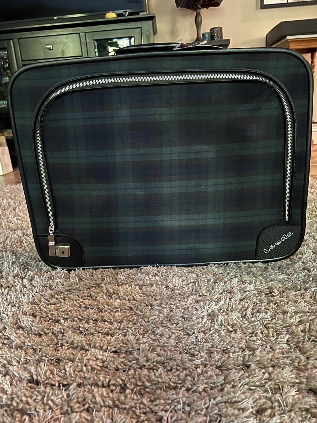 Vintage Leeds Blue and Green Checkered Suitcase vintage Very Clean