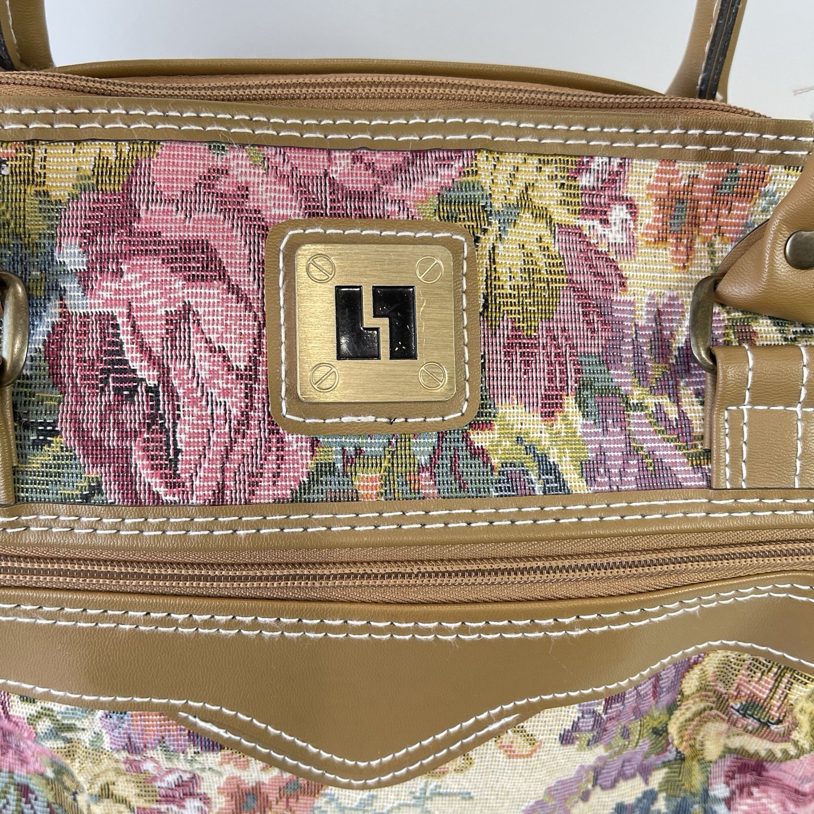 Vintage 80s Leisure Luggage Tapestry Floral & Tan Faux Leather Trim Duffle Bag
