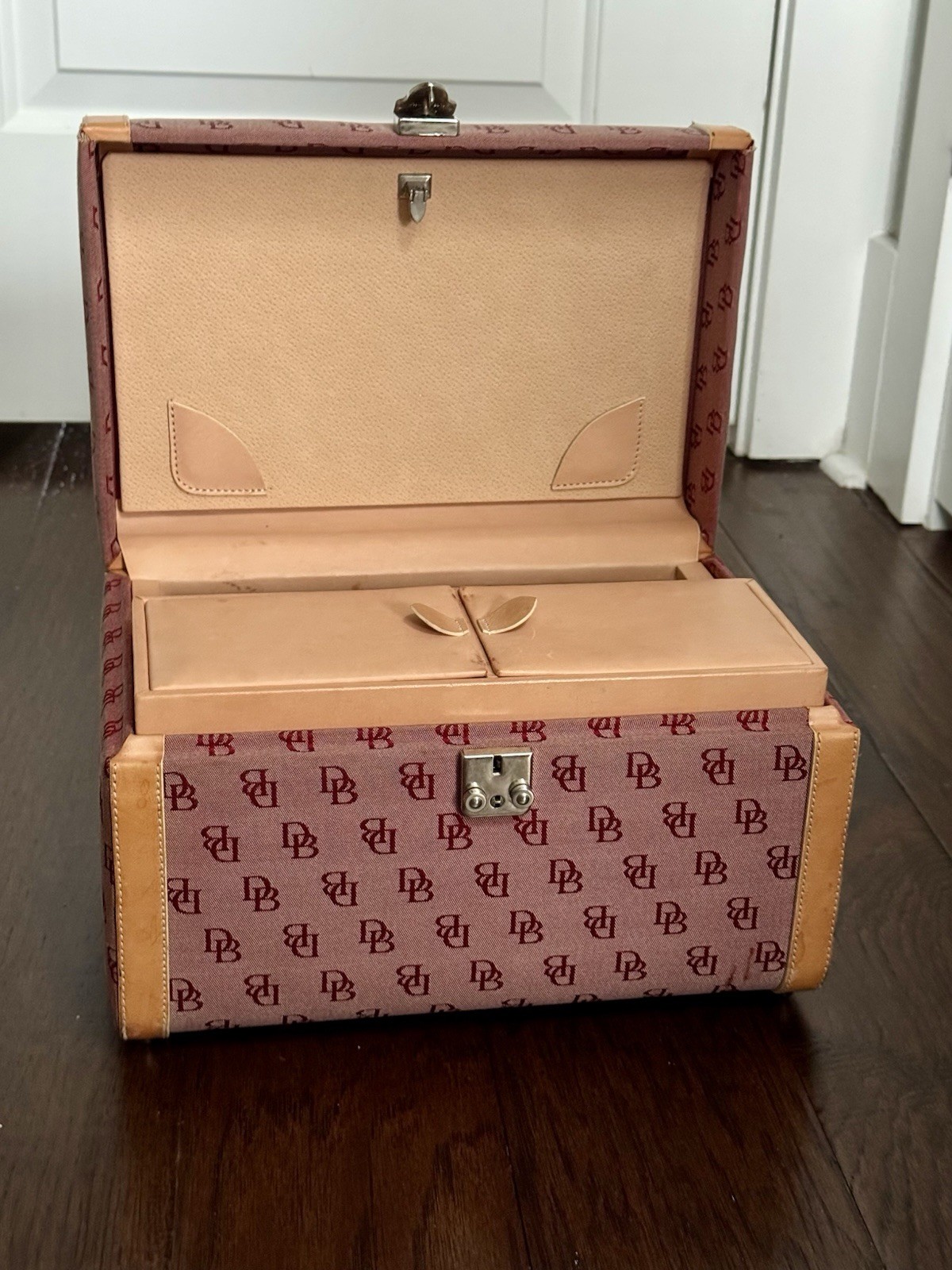 Vintage Dooney & Bourke Monogram Canvas Train Case – Pink/Burgundy Vanity Box