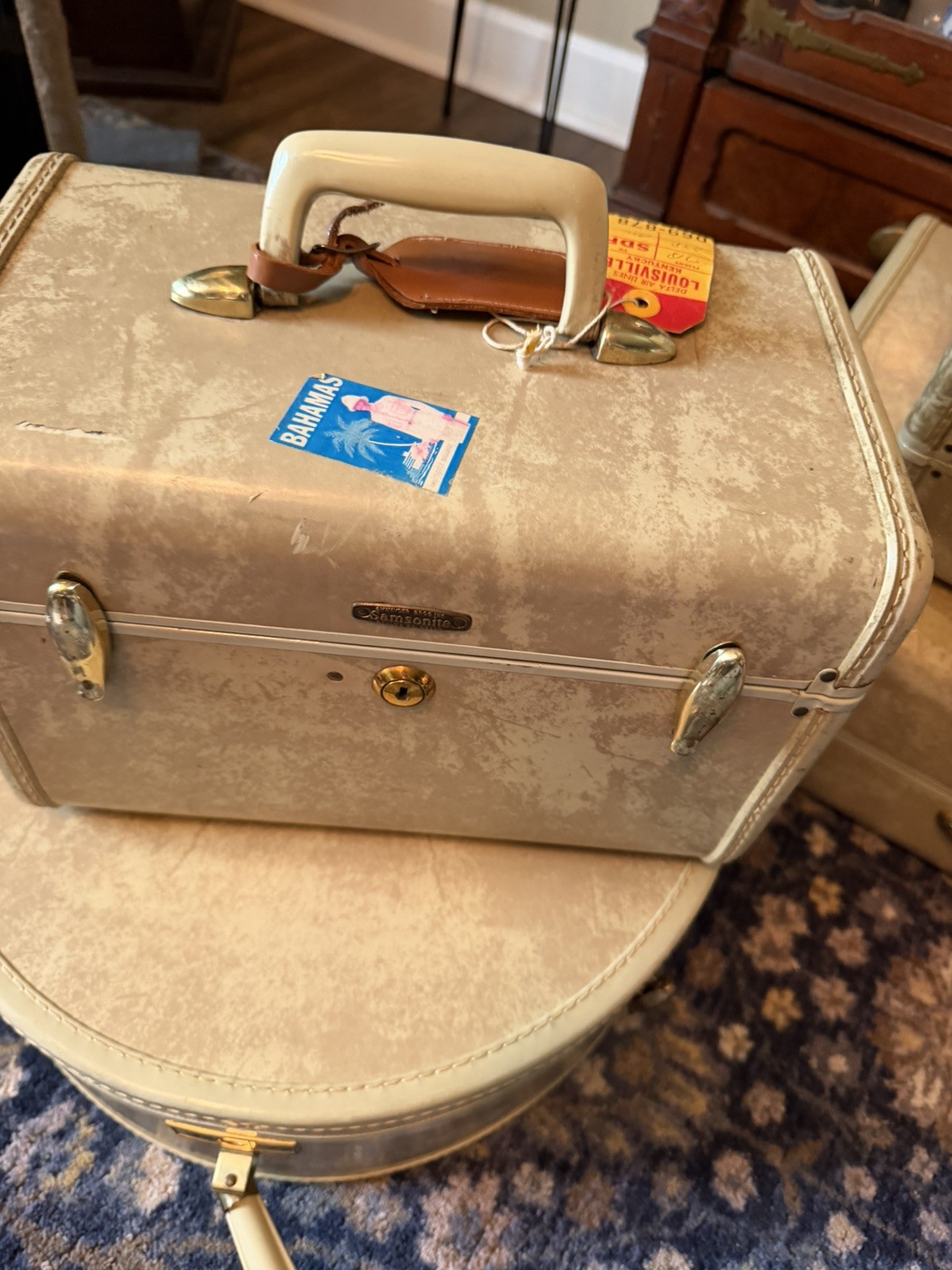 Vintage Marble White Samsonite Suitcase Luggage Train Hatbox Overnight Rawhide 6