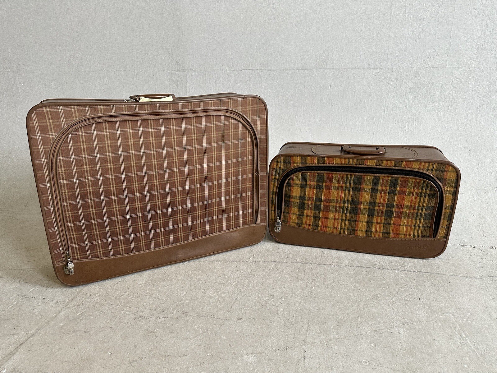 Vintage Plaid Suitcase Luggage Yellow Red Brown Case Retro Antique Mid Century