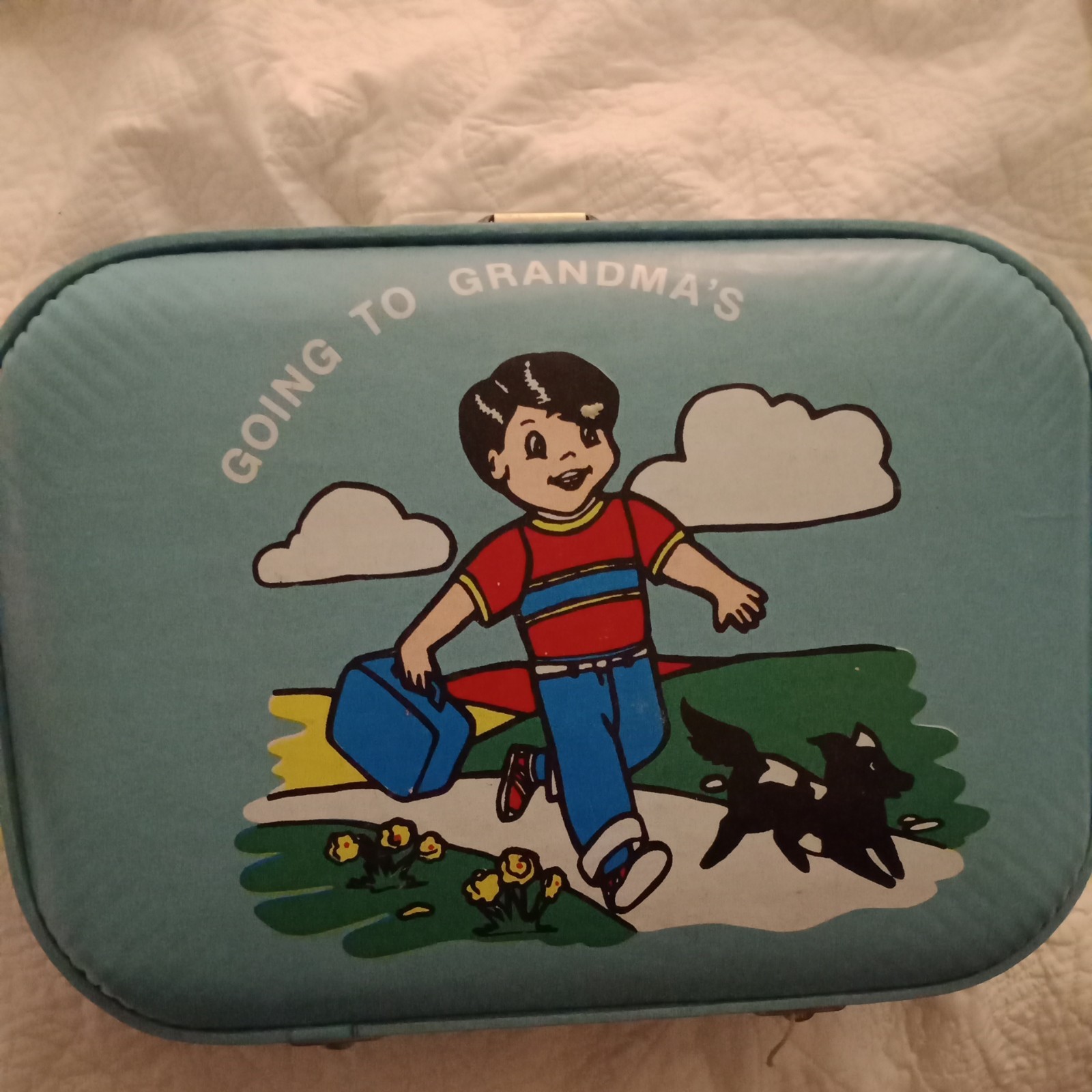 Vintage Going To Grandma’s Small Blue Hardcase Suitcase Overnight nursery decor