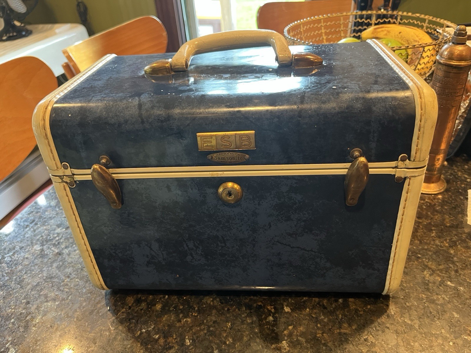 Vintage Samsonite Train Case Blue Marbled Shwayder Bros Makeup Vanity Box Mirror