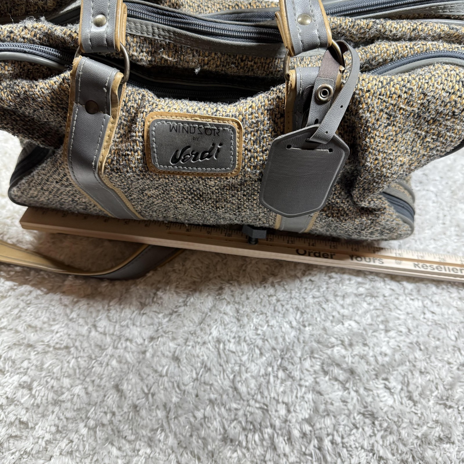 Vintage Windsor by Verdi Carry On Bag Tweed Travel Luggage Gray Faux Leather 21″