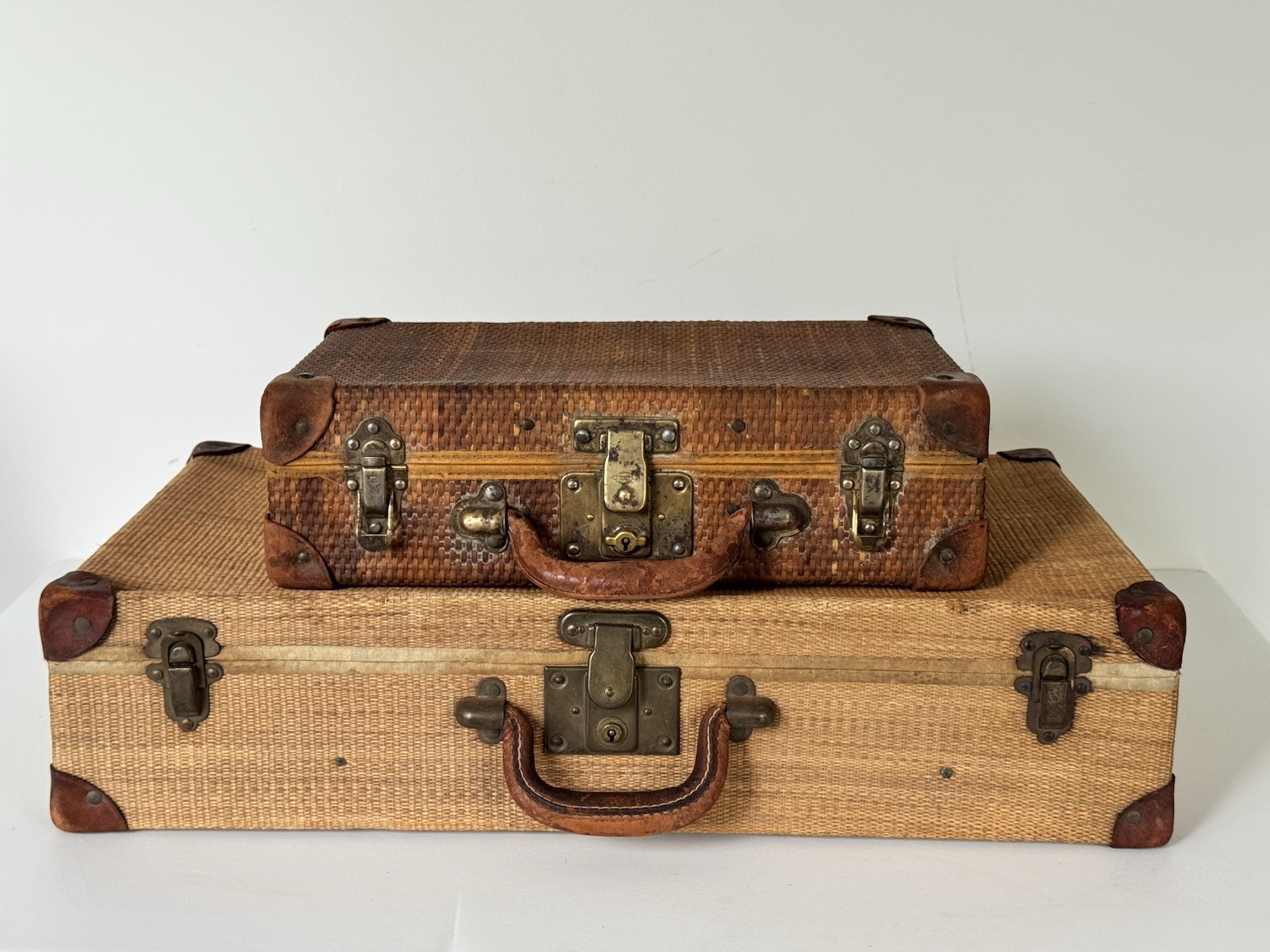 rare antique 19th century handmade woven wicker leather brass travel suitcase