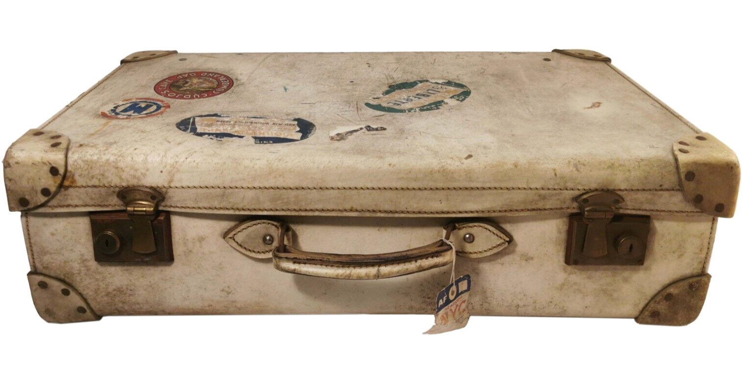 SCARCE 1920’S/30’S ANTIQUE HAND SEWN WHT LEATHER HARD SUITCASE W/TRAVEL STICKERS