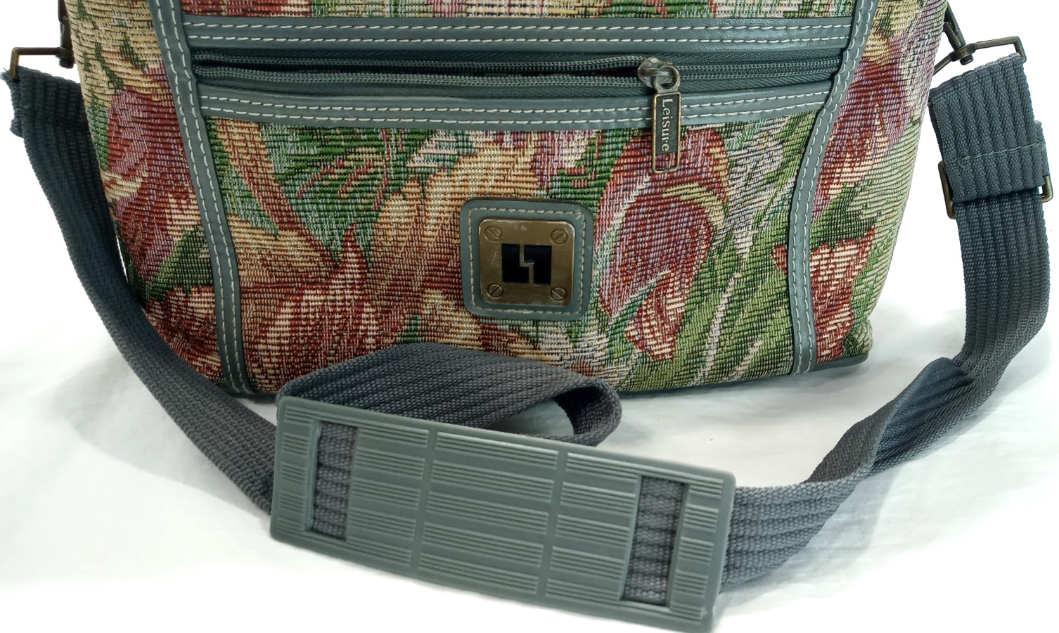 Vintage 80s LIESURE Vanity Train Case Cosmetic Bag Green Floral Tapestry Fabric