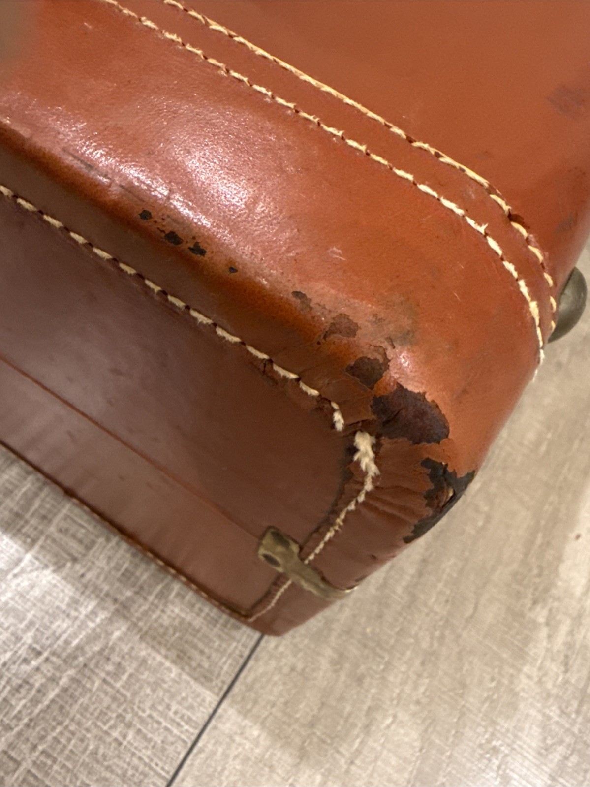 Vintage Leather Suitcase Canvas 1940s Travel Luggage Brass Hardware Brown
