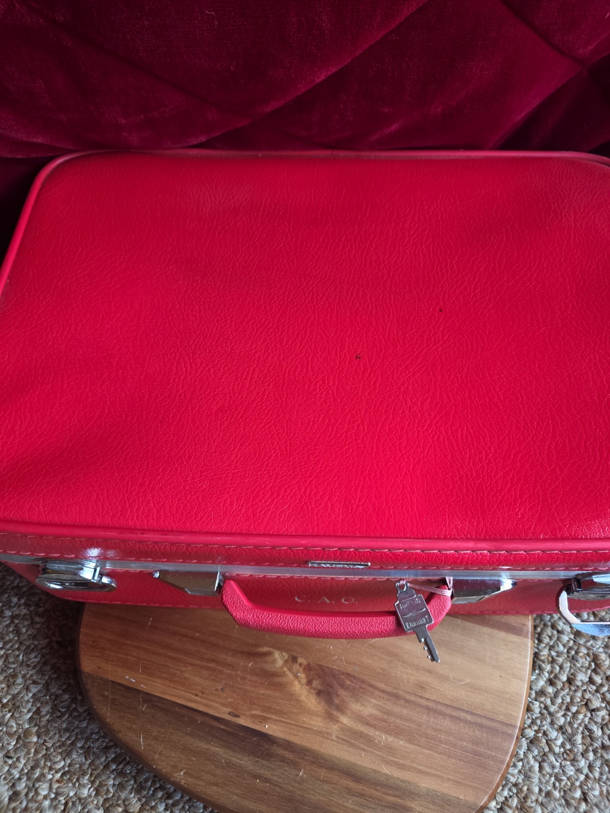 Vintage Mid Century AMELIA EARHART Red Suitcase / Luggage With Key 20”