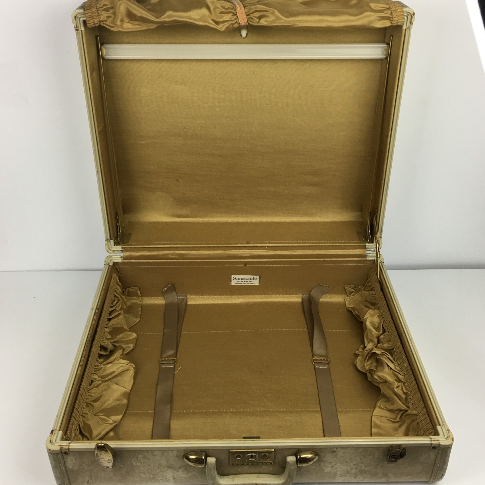 Samsonite Shwayder Streamlite Suitcase Excellent INTERIOR Marbled 21″ Vtg Cream