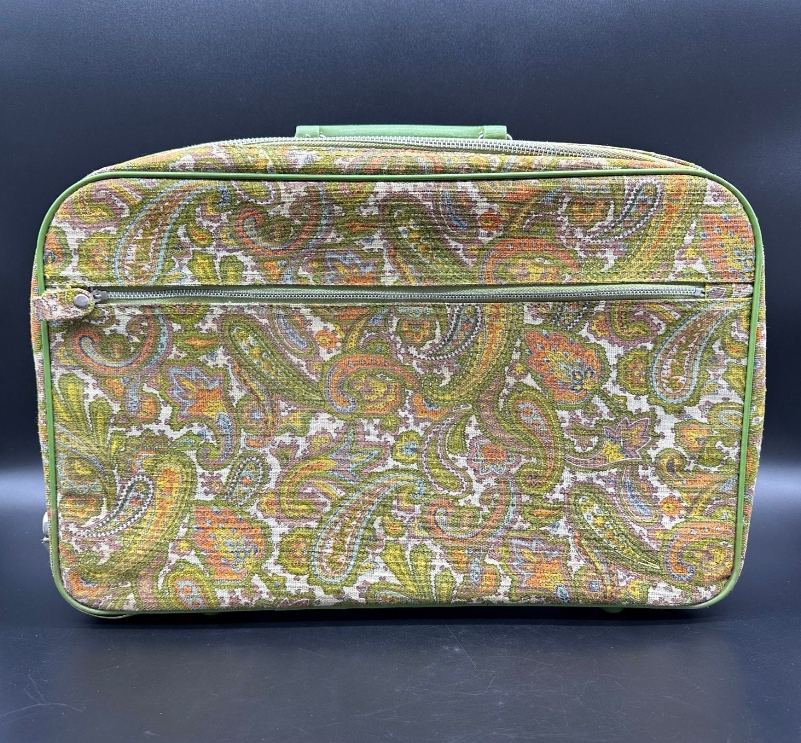 Vintage Suitcase Key Paisley Avocado Green Orange 1970s Travel Canvas Luggage