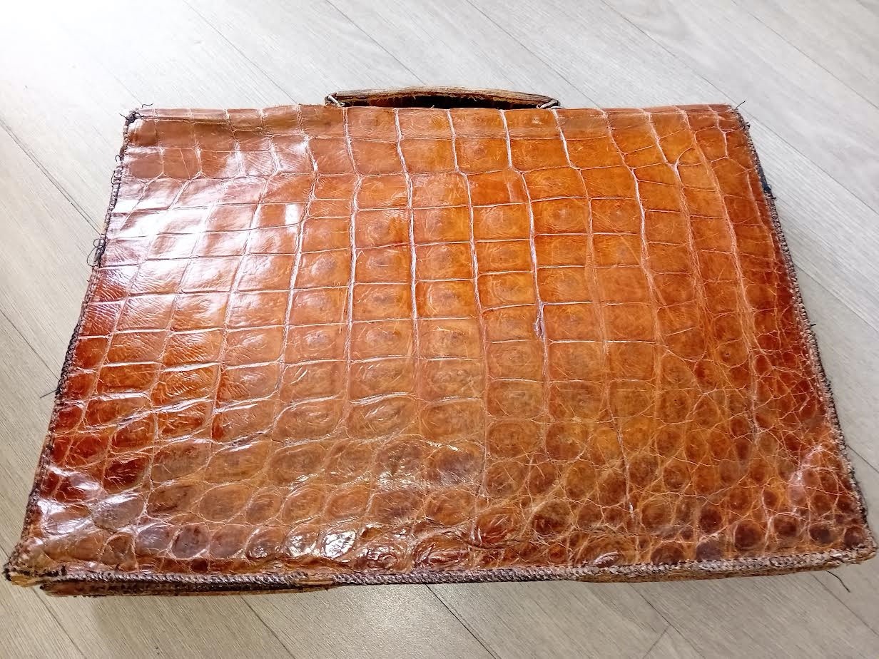 Antique Crocodile Leather Travel Luggage Suitcase / Vintage