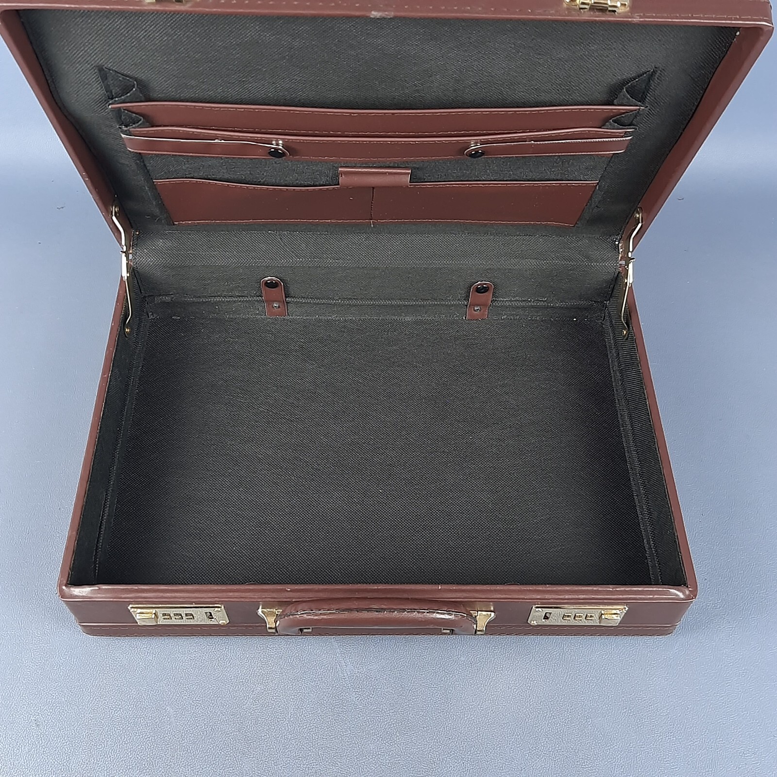 Brown Brass Leather Suitcase Double Closure Work Code 24 Hour Vintage