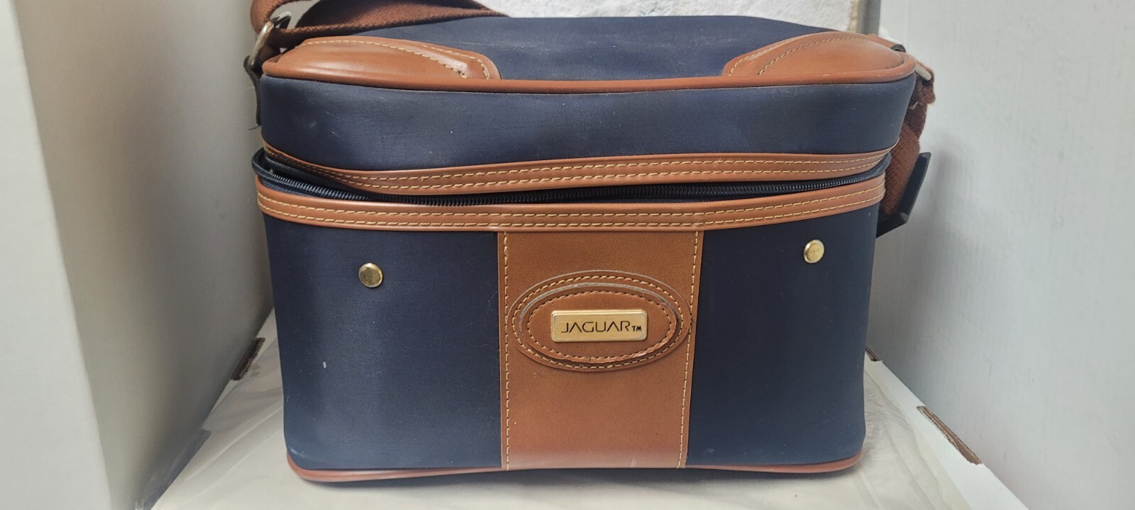 Vintage Jaguar Leather Travel/storage Bag. Navy Blue With Brown Trim
