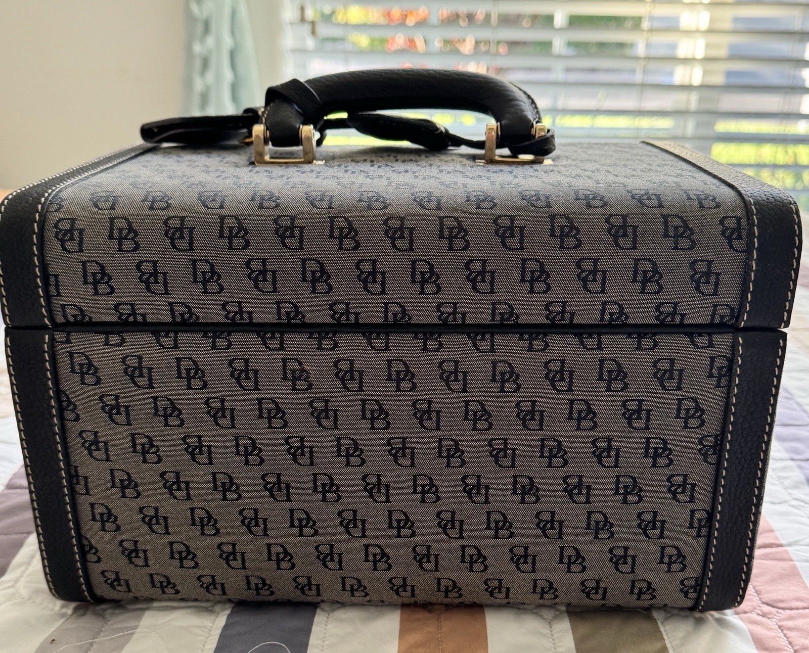 Vintage Dooney And Bourke Monogram Canvas Train Case Vanity Box Black And Gray