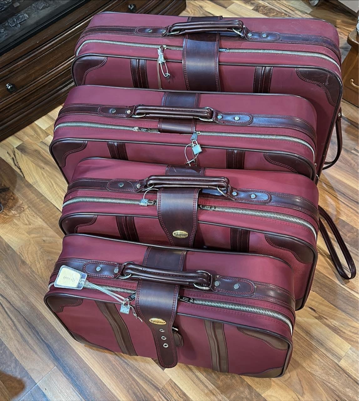 Vintage Flying Time 4 Piece Nesting Luggage Set Maroon With Locks And Keys.