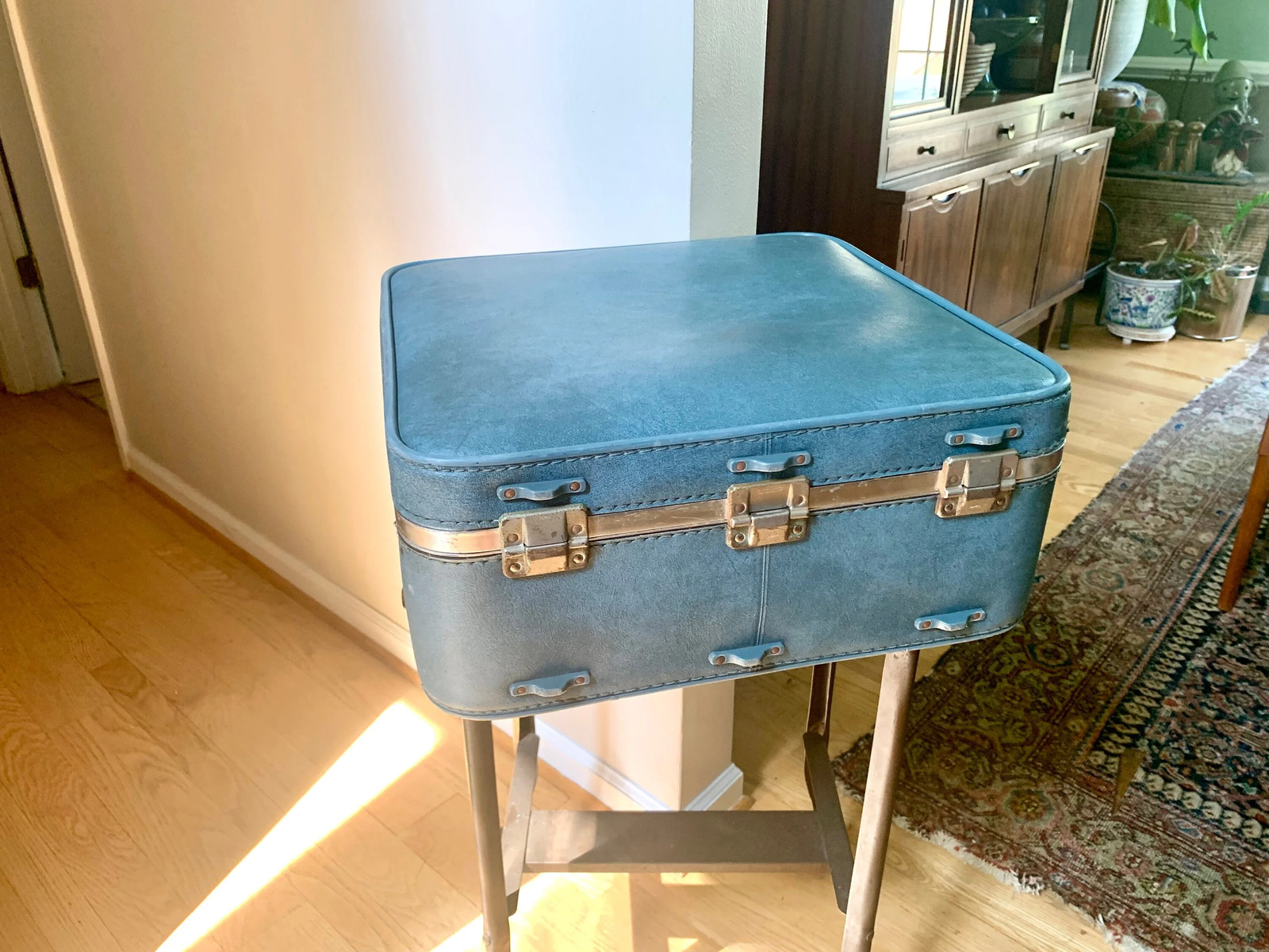 Vtg Square Blue Hardshell Suitcase | Mid Century Skyway Vinyl Travel Case