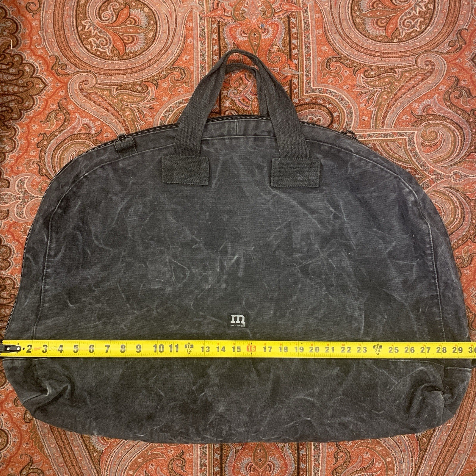 Marimekko Large Vintage Zippered Bag, Black Distressed Cotton Canvas 30” X 22”