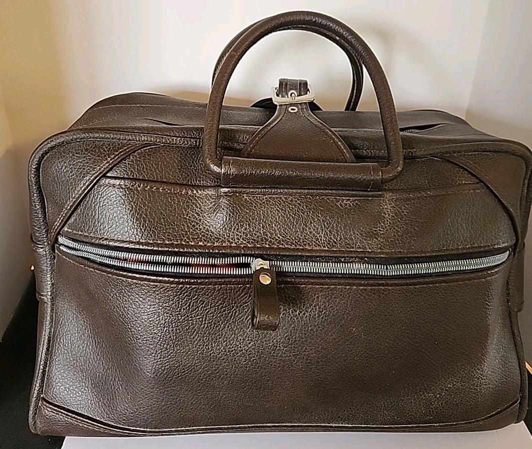 Vintage American Tourister Tiara Brown Leather Train Case Luggage Bag/ Carry-on