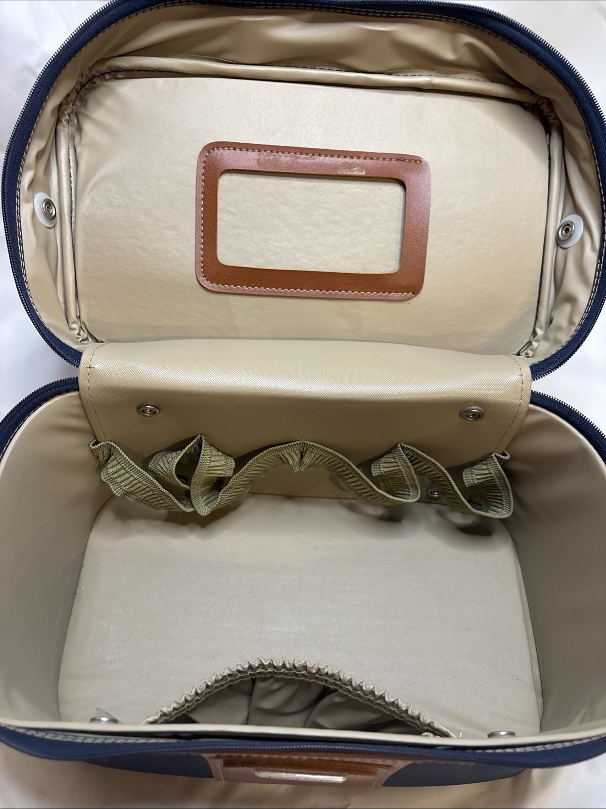 Jaguar Luggage Carry On Train Case Navy Blue Brown Trim Travel Bag 12”x8”x6”