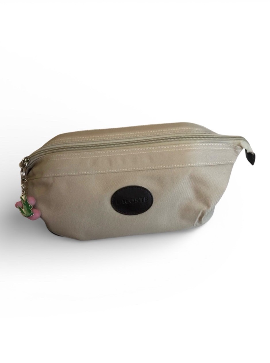 Lacoste Men’s Toiletry Cosmetics Bag Full Zip Tan Beige inner zipper pocket NEW