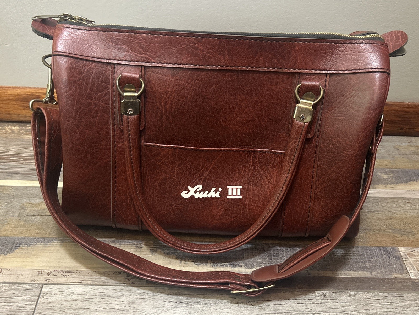 Vintage Scovill Luchi III Red Brown Leather Travel Bag With Shoulder Strap