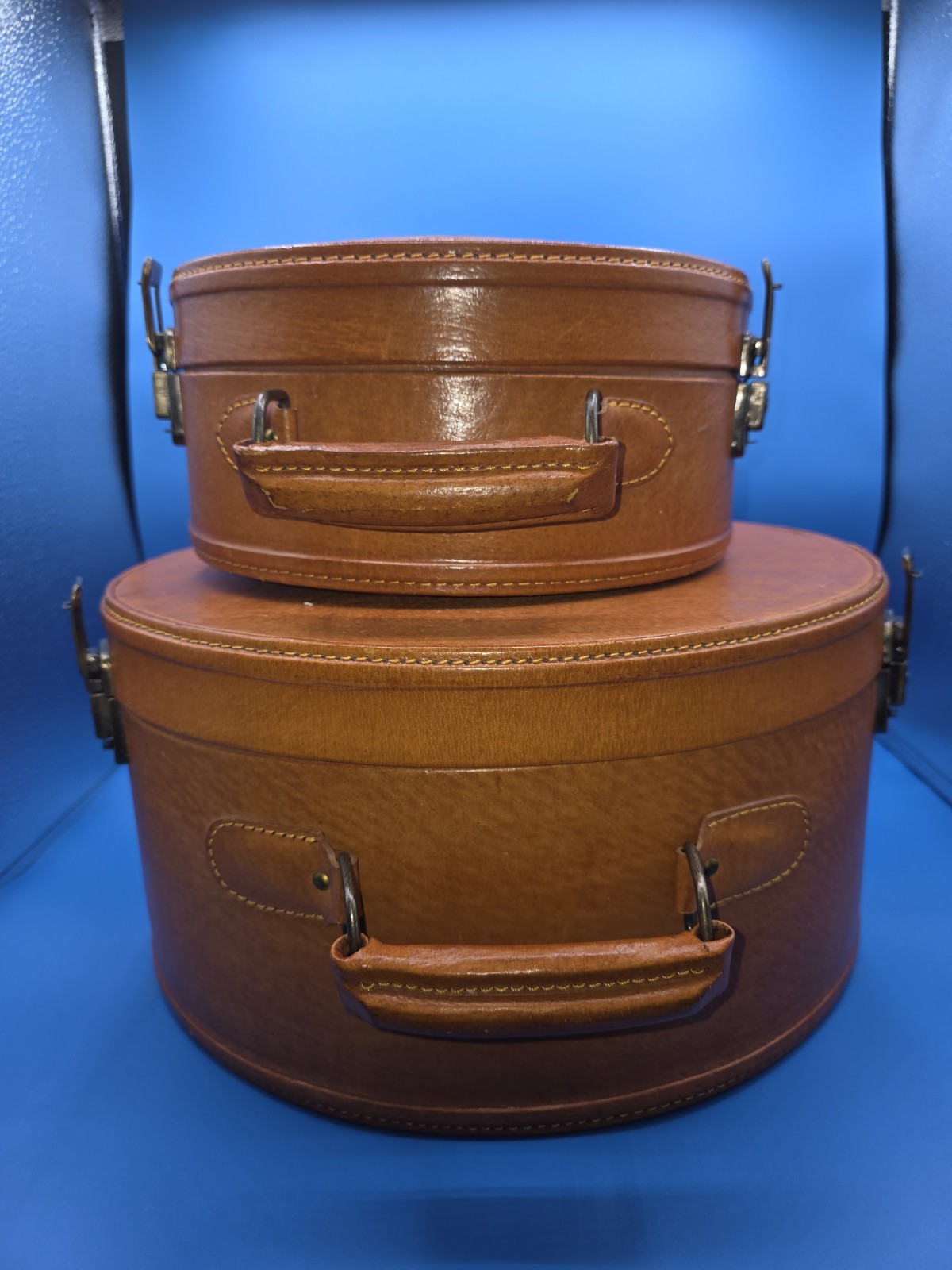 Vintage French Nesting Hat Box Suitcases 1950s Tan Leather Train Cases Set of 2
