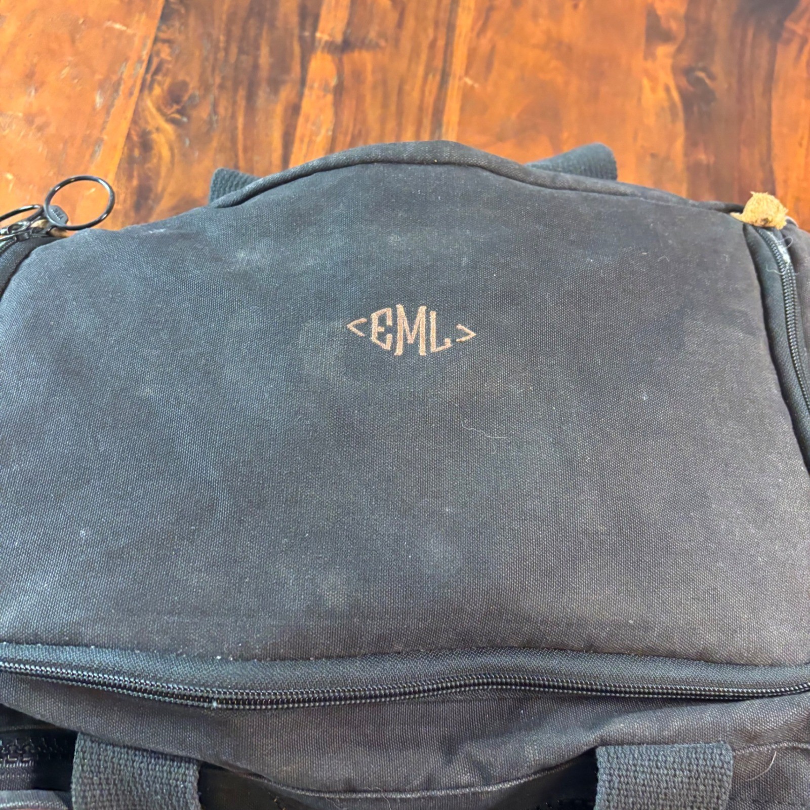 Vintage Lands End Black Canvas Leather Trim Duffle Bag Made in USA Monogram EML